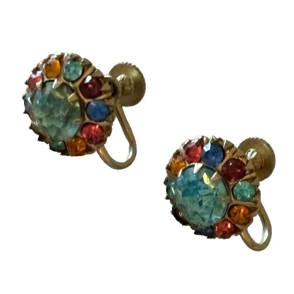 VTG CORO MULTICOLOR RHINESTONE GOLD PRONG SCREW BACK EARRINGS SIGNED